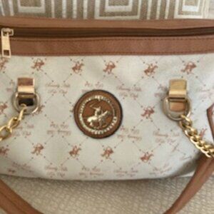 Beverly Hills Polo Tote Bag White with tan faux leather strap  Size 12 x 8